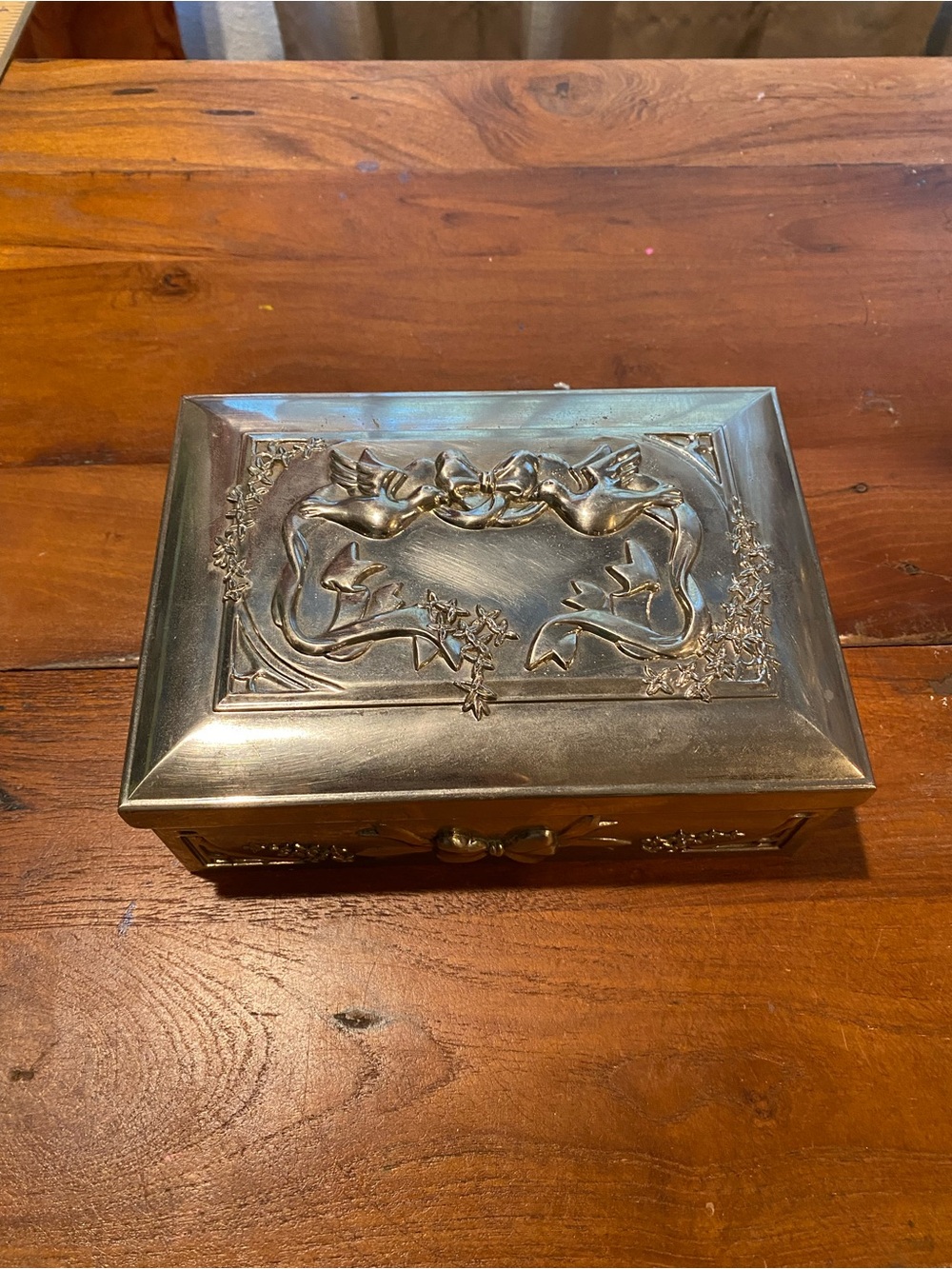 Ornate Silver- Plate Jewelry Box - Lovebird Keepsake Box